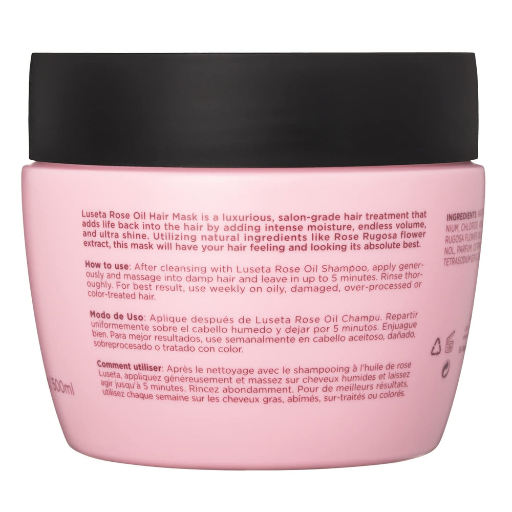 Luseta Rose Oil Hair Mask label close-up emphasizing sulfate- and paraben-free formula