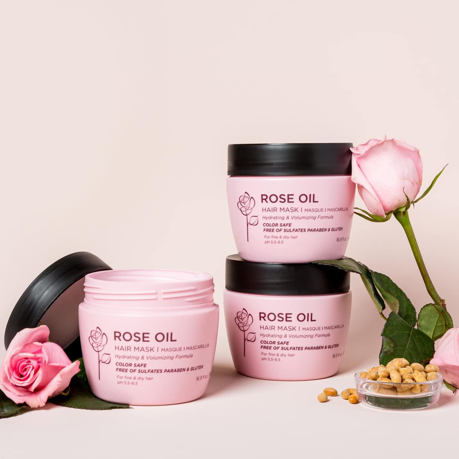Luseta Rose Oil Hair Mask displayed on bathroom shelf for routine care