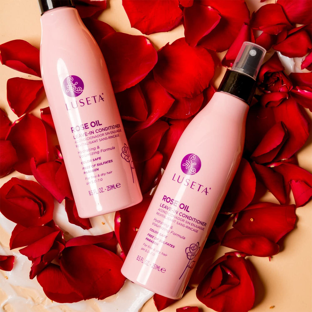 Luseta Rose Oil Leave-In with rose oil supports color-safe care