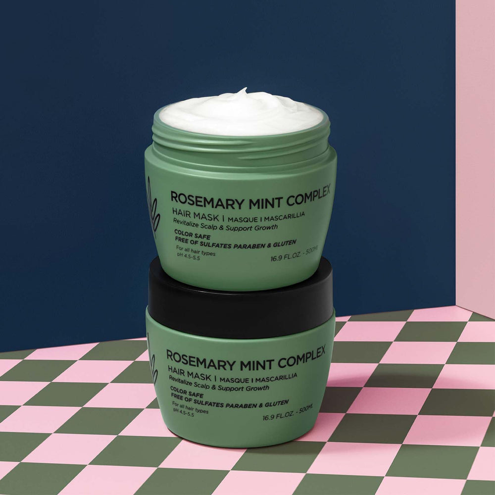 Luseta Rosemary Mint Hair Mask on bathroom shelf showing glossy, healthy-looking hair results.