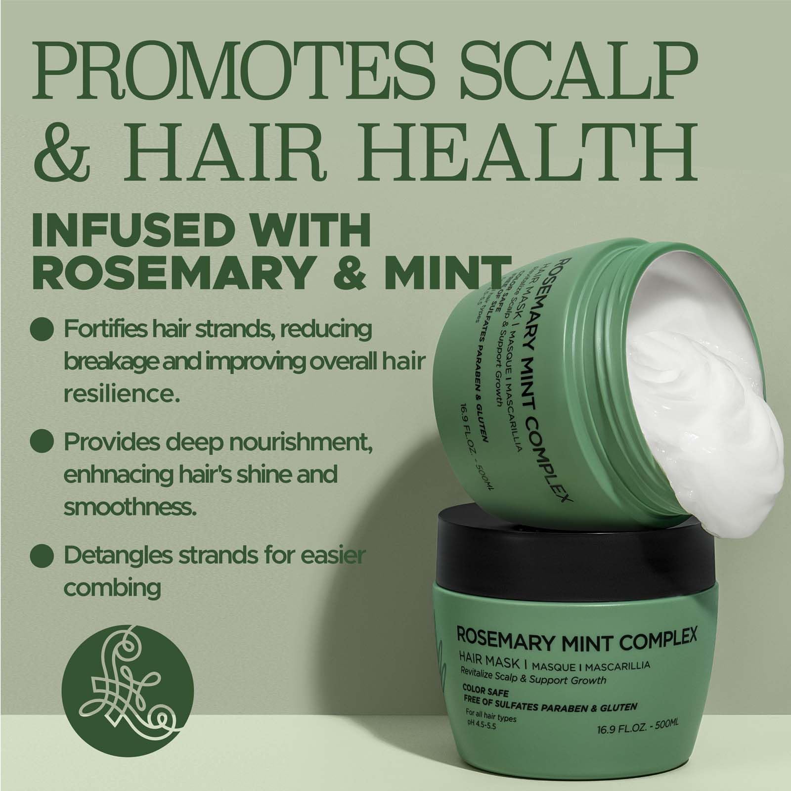 Luseta Rosemary Mint Hair Mask ingredients close-up hint at natural botanical nourishment.