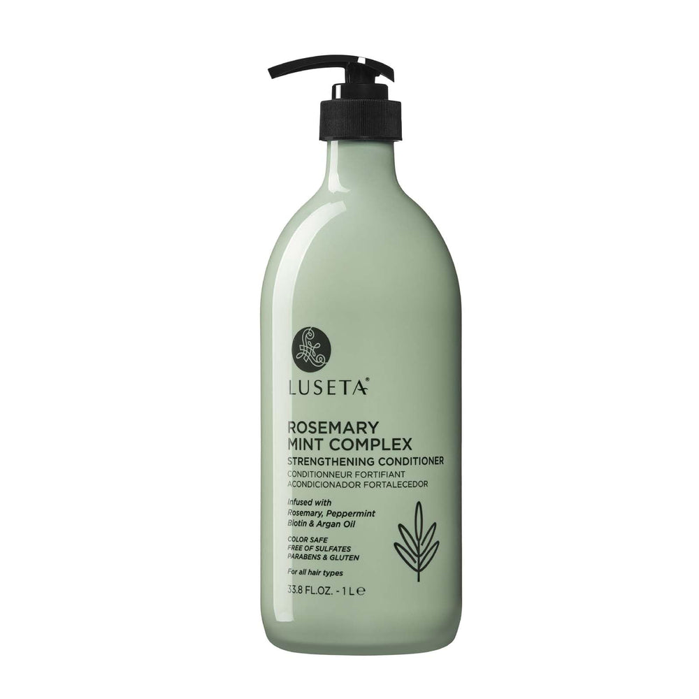 Luseta Rosemary Mint Strengthening Conditioner bottle close-up for detangled, shiny hair.