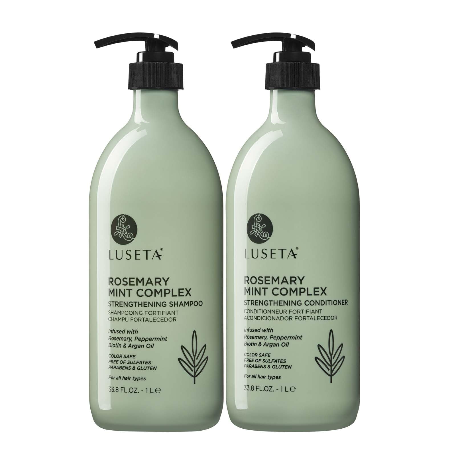 Luseta Rosemary Mint Strengthening Shampoo bottle showing moisture-rich formula for smooth hair