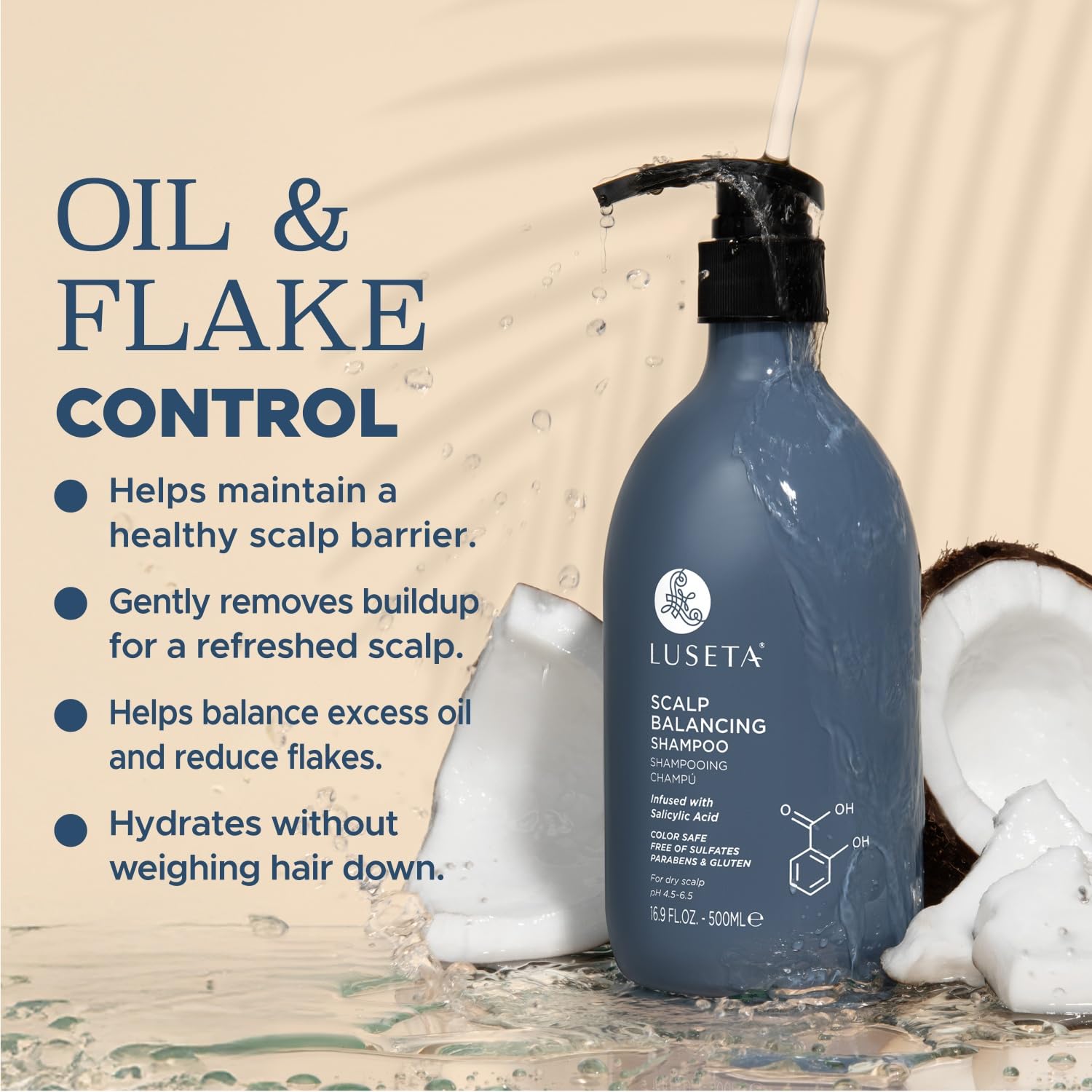 Luseta Scalp-Balancing Shampoo argan oil swirl illustrates moisture without heaviness.