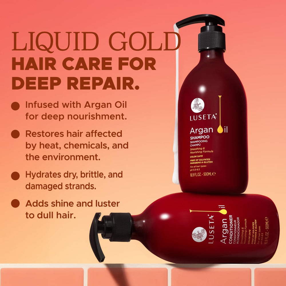L LUSETA shampoo and conditioner on a bathroom shelf.
