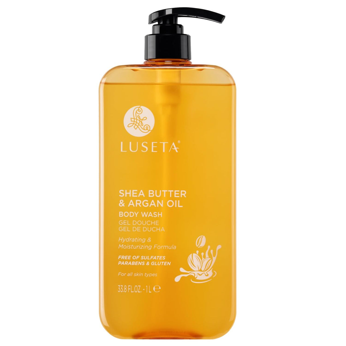 Luseta Shea Butter Argan Oil Body Wash bottle front view highlighting hydrating formula
