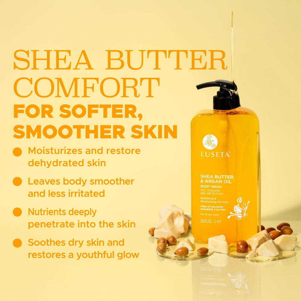 Luseta Shea Butter Argan Oil Body Wash bottle pour demonstrating silky texture