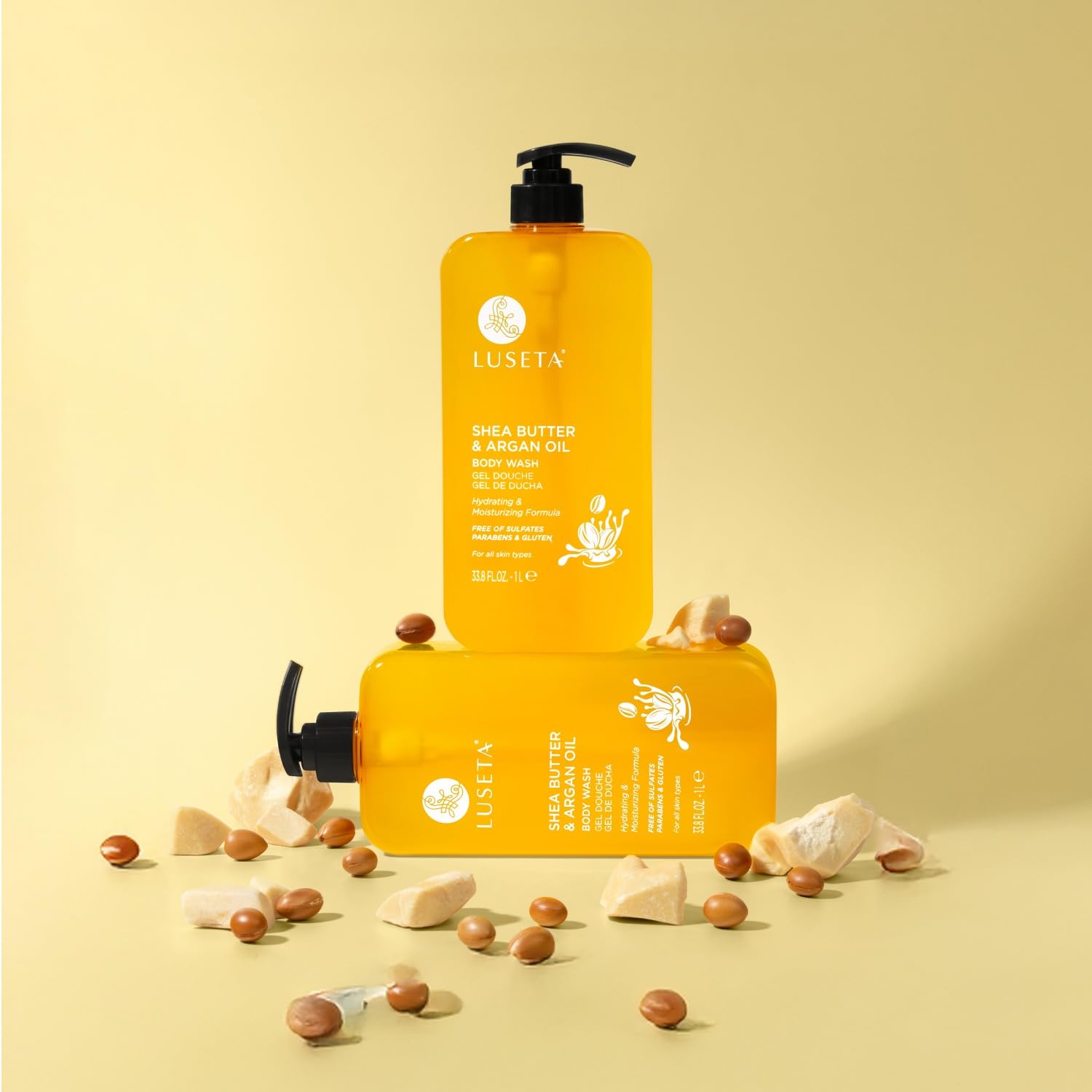 Luseta body wash label close-up emphasizing gentle sulfate-free cleansing