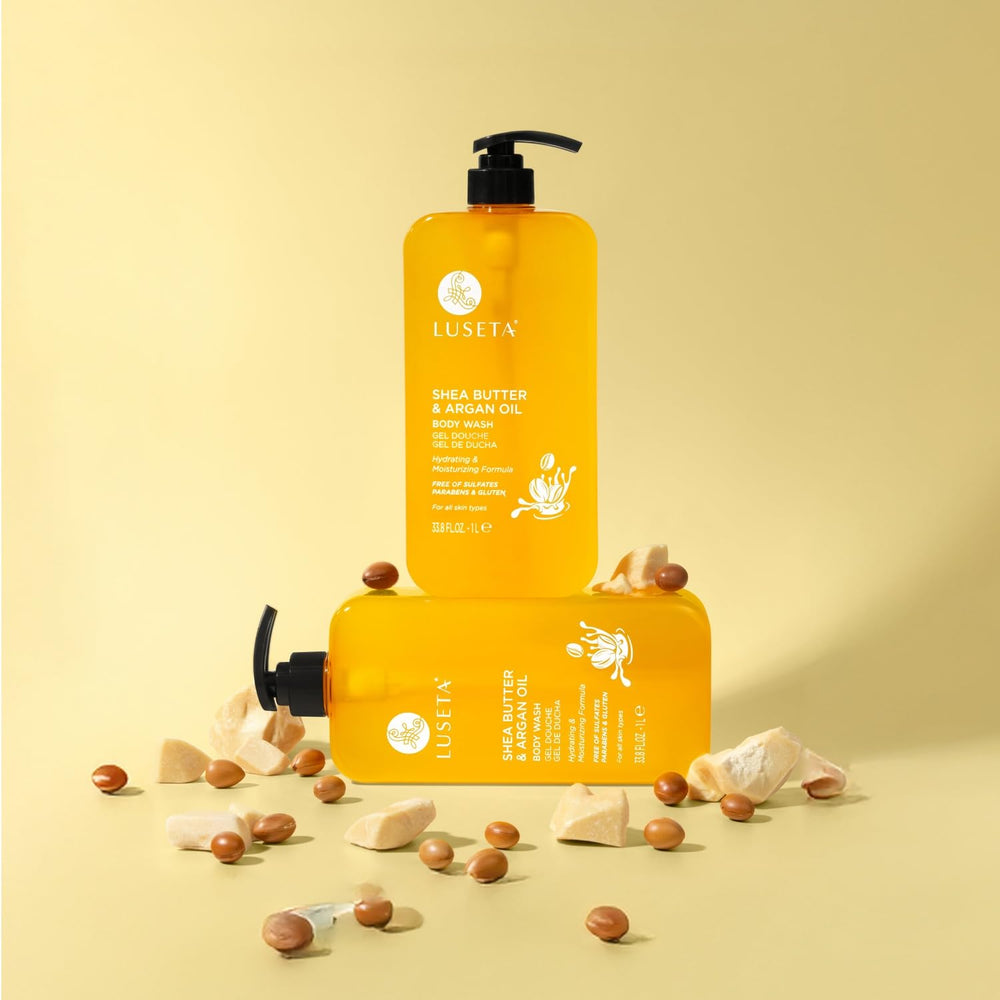 Luseta body wash label close-up emphasizing gentle sulfate-free cleansing