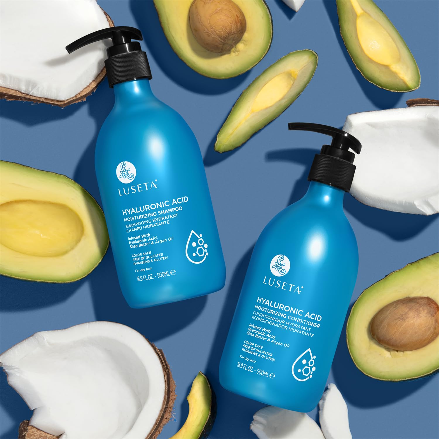 Luseta shower scene bottle showing detangling and smoother texture.