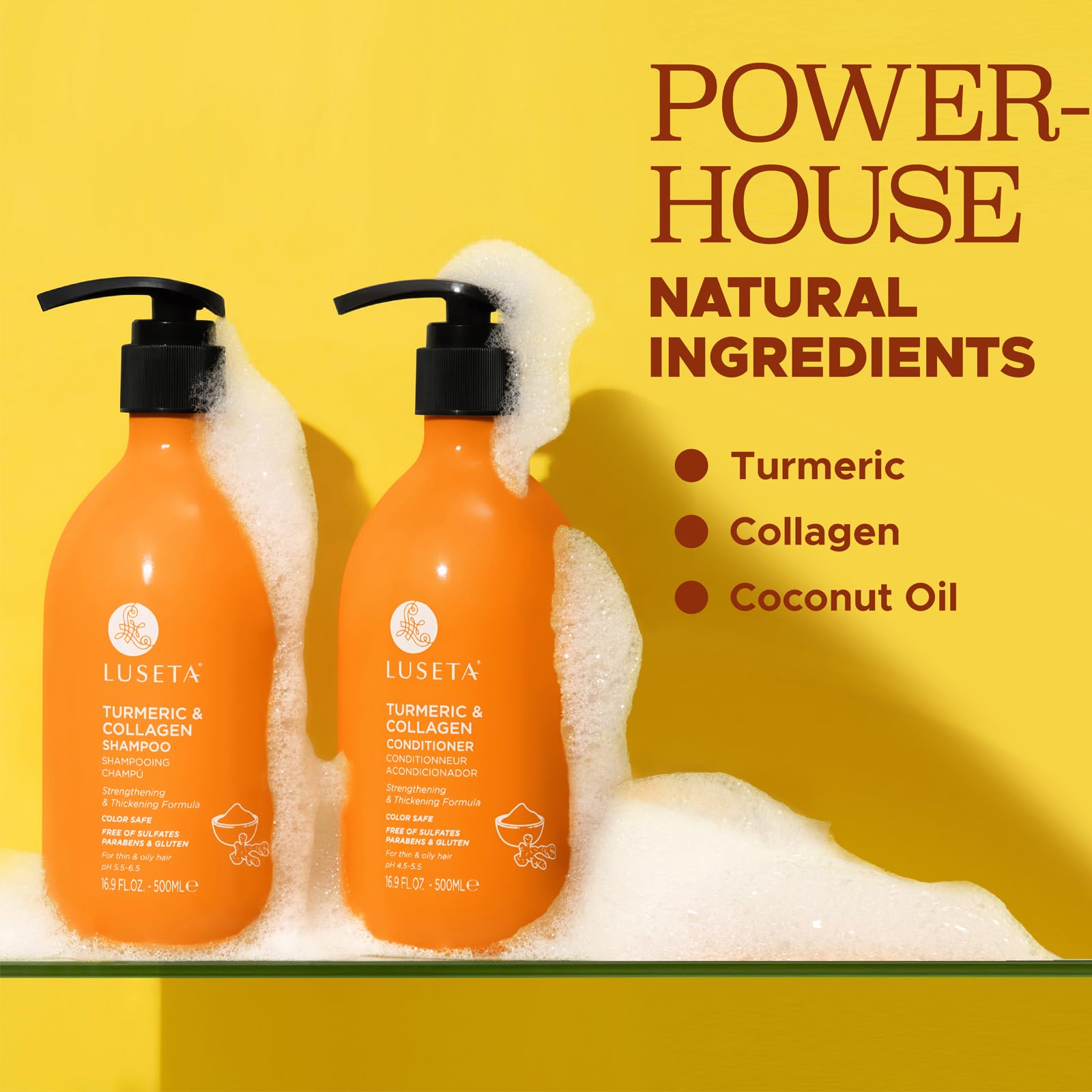 Luseta sulfate-free label on bottle indicating scalp-friendly cleansing.