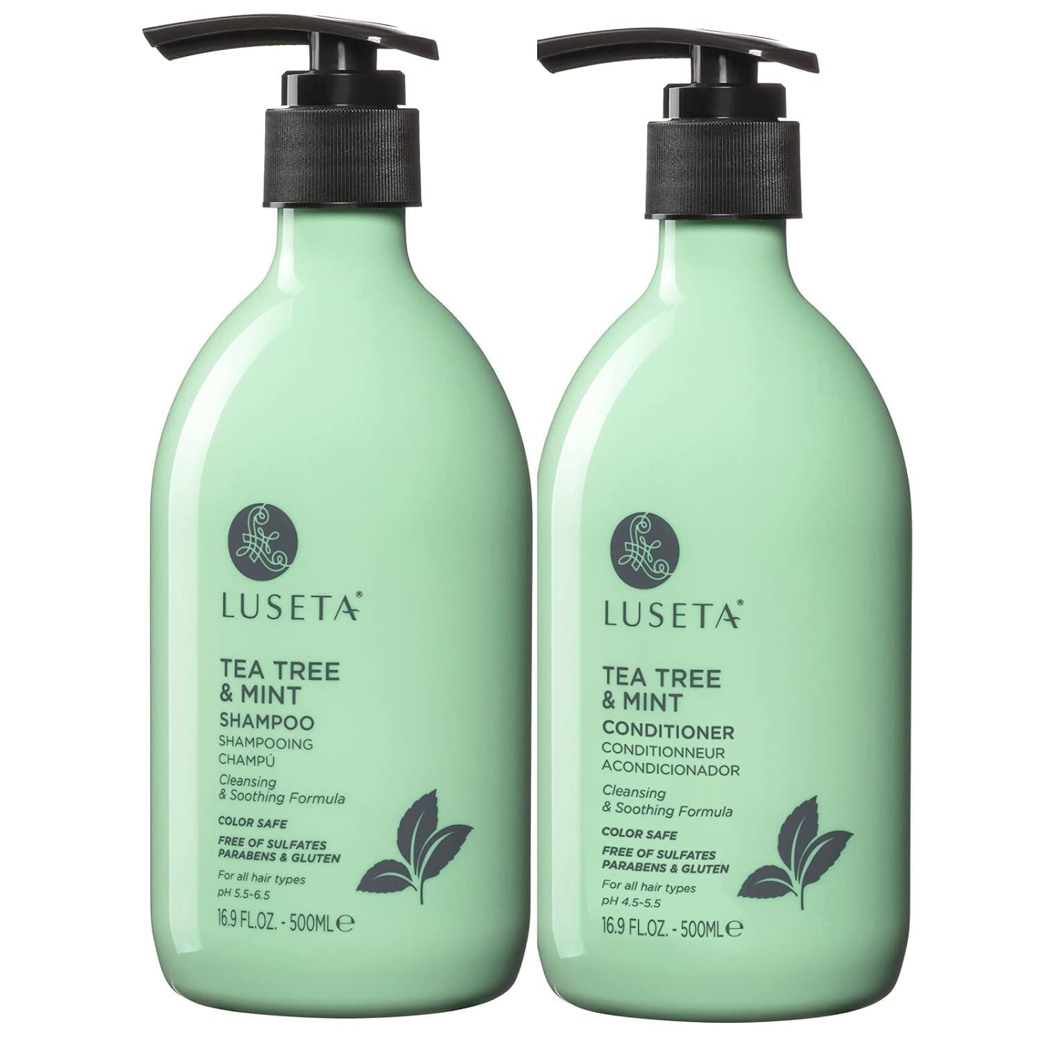 Luseta Tea Tree Mint shampoo bottle highlights clarifying action for dandruff relief