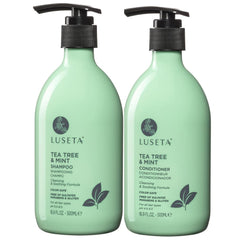 Luseta Tea Tree Mint shampoo bottle highlights clarifying action for dandruff relief