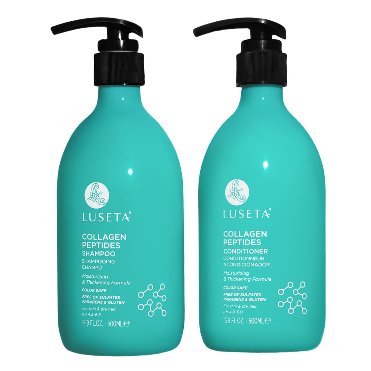 Luseta Thickening Shampoo bottle front view highlights collagen peptides for fuller hair.
