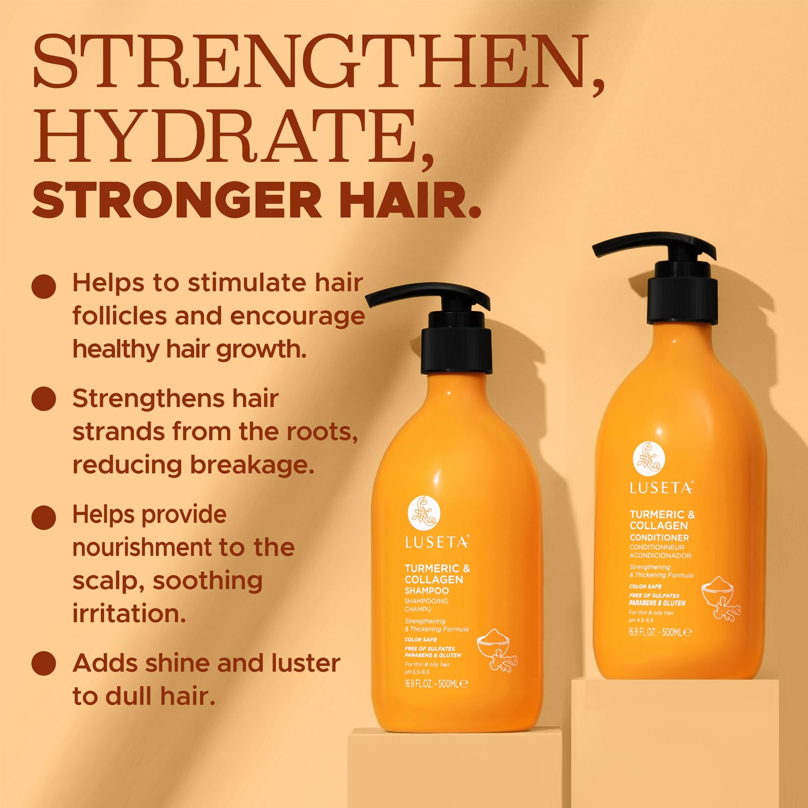 Luseta turmeric collagen conditioner close-up showing detangling and shine.