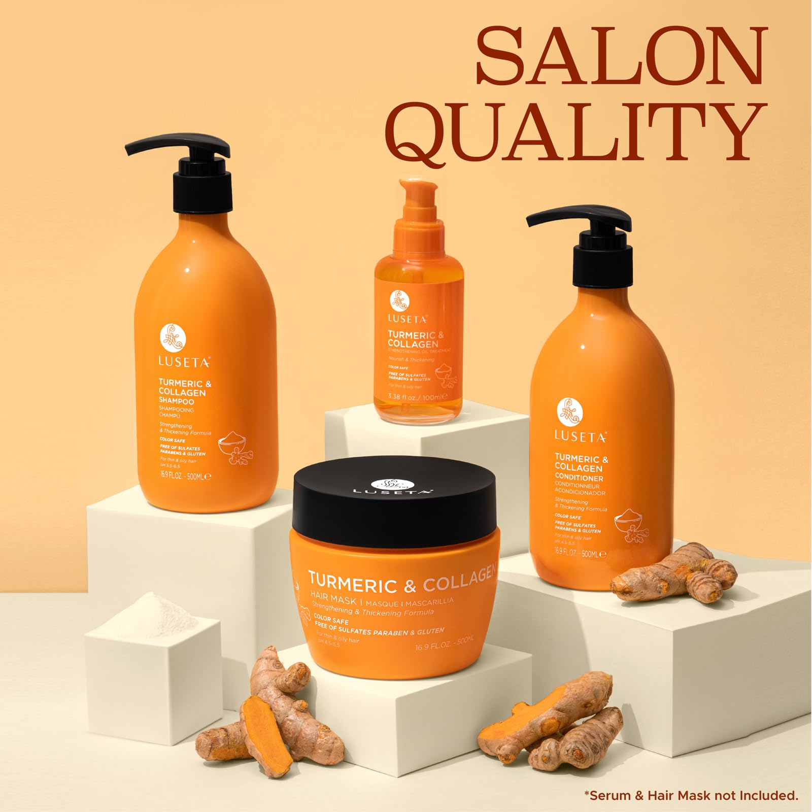 Luseta turmeric collagen shampoo foam close-up emphasizing luxurious lather.