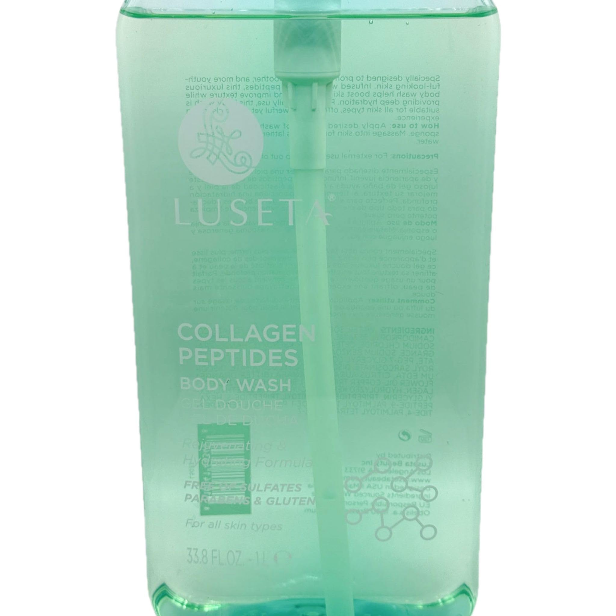 Luseta Collagen Peptides Body Wash bottle, aqua-tinted display, for nourishing shower ritual