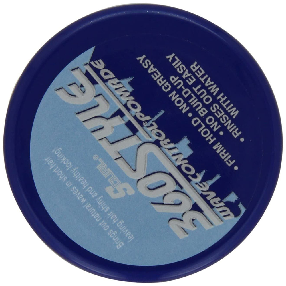 Closeup of Luster's brand logo on S-Curl 360 Wave Control Pomade