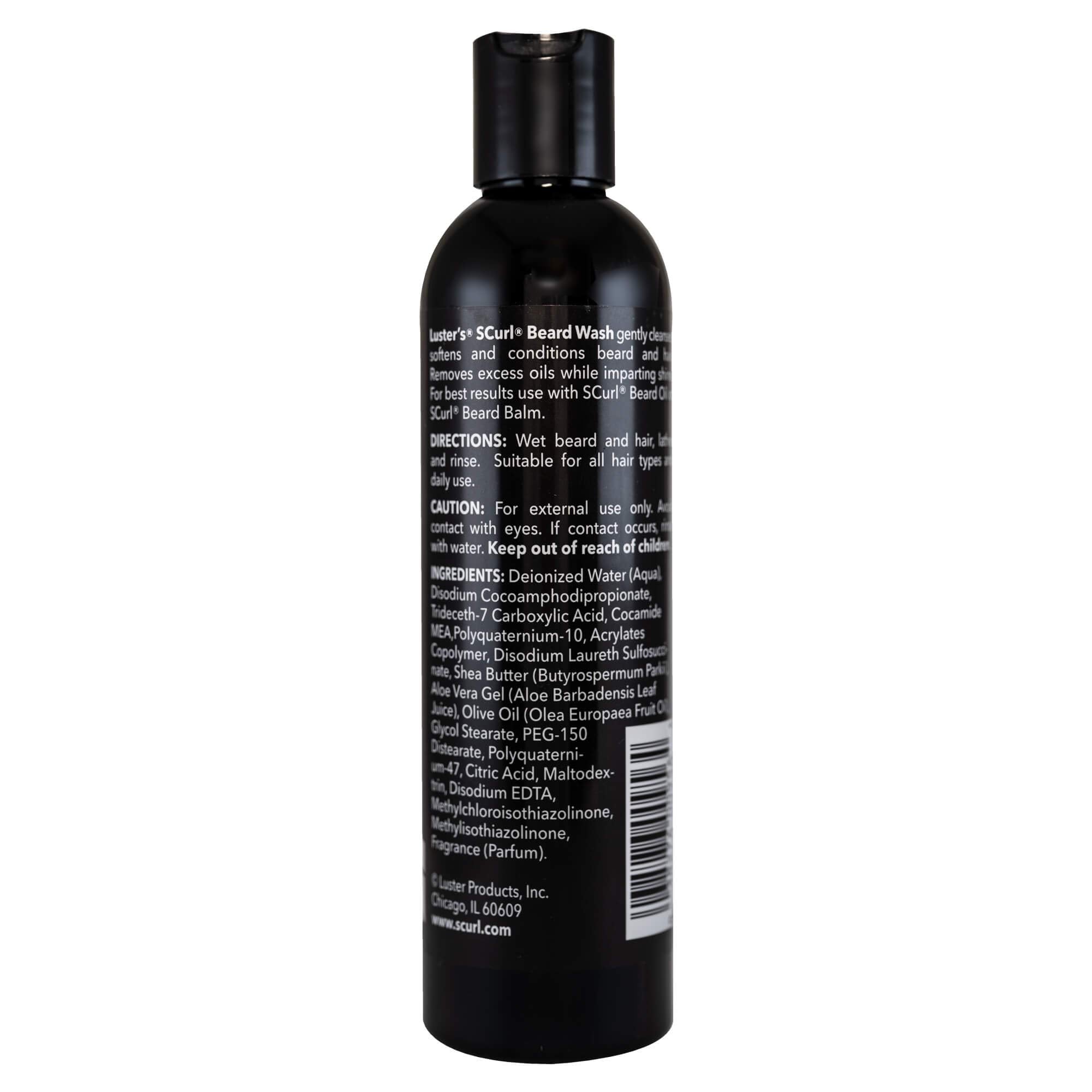 SCurl Beard Wash on shower shelf leaving hair soft and shiny.