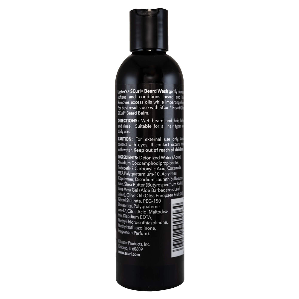 SCurl Beard Wash on shower shelf leaving hair soft and shiny.