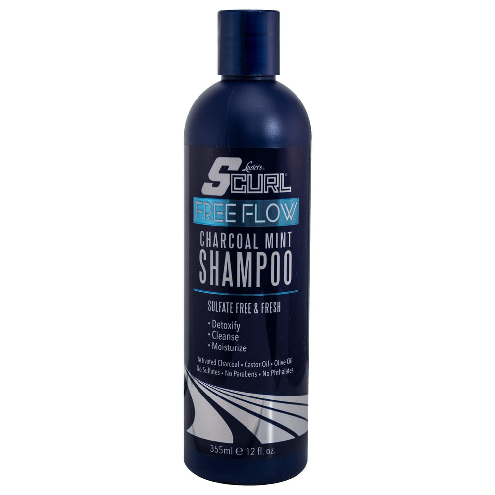 Luster's SCurl Free Flow Charcoal Mint Shampoo bottle highlighting detoxifying charcoal for refreshed scalp