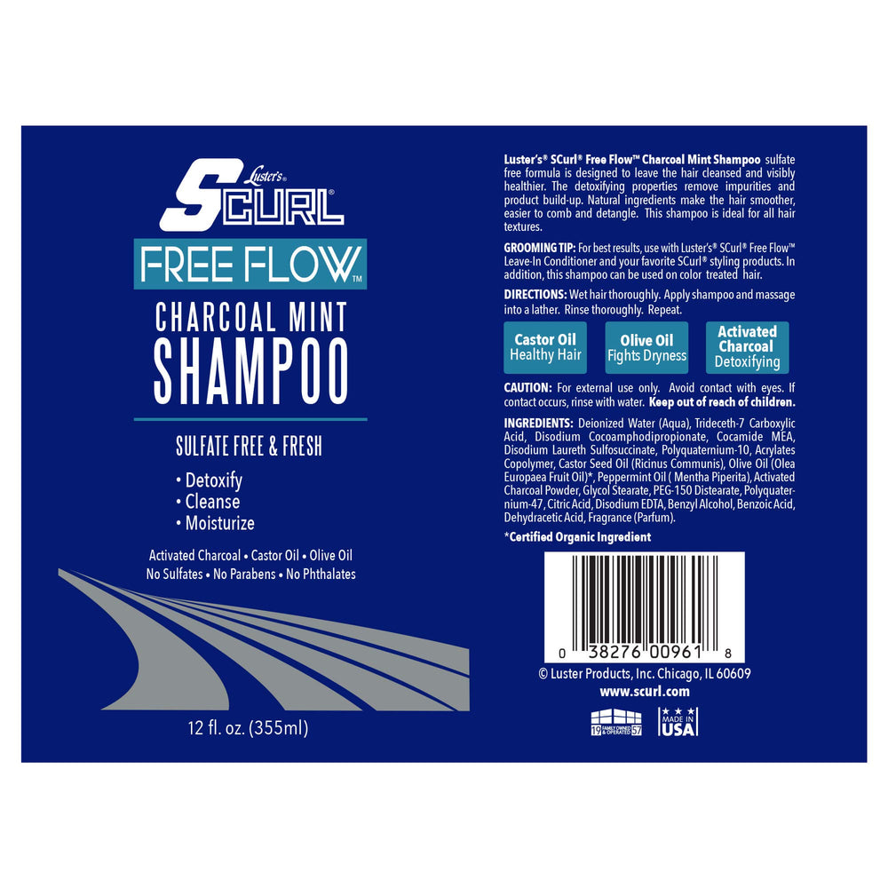 Packaging shot of Luster's SCurl Free Flow Charcoal Mint Shampoo promoting clean, free-flowing curls