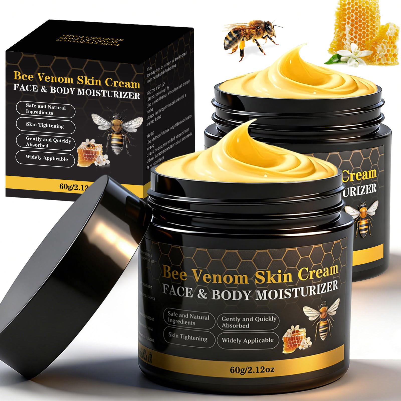 Pot visagé Lustrchron avec crème venin d’abeille, montre une application douce et ciblée.