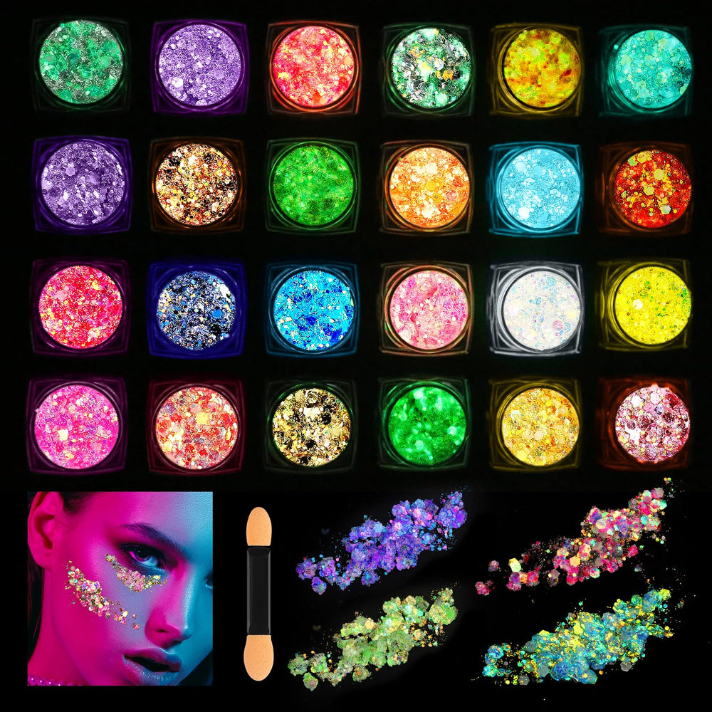 LUV 24 Colors Glitter UV bottle glowing under light, ideal for night looks
