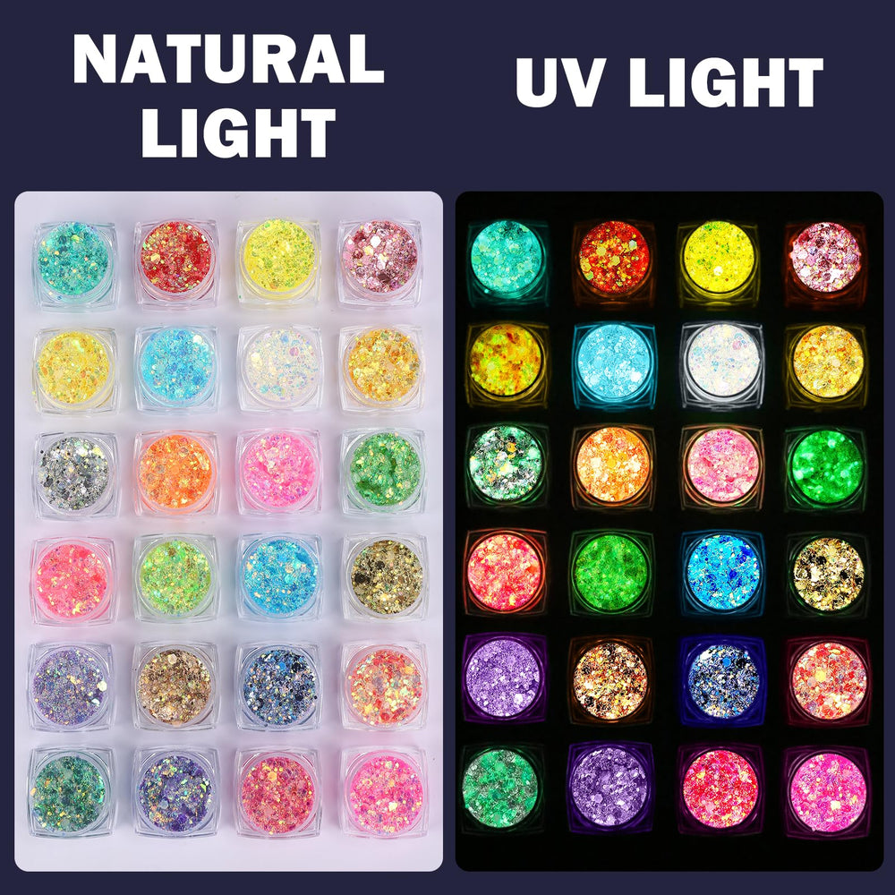 LUV 24 Colors Glitter UV closeup showing holographic shades