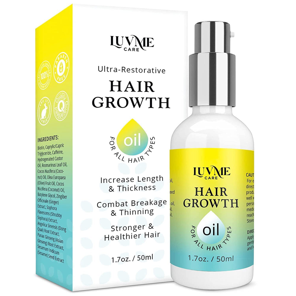 Luv Me Care Biotin Hair Growth Oil bottle showing premium vitamin blend for healthy hair