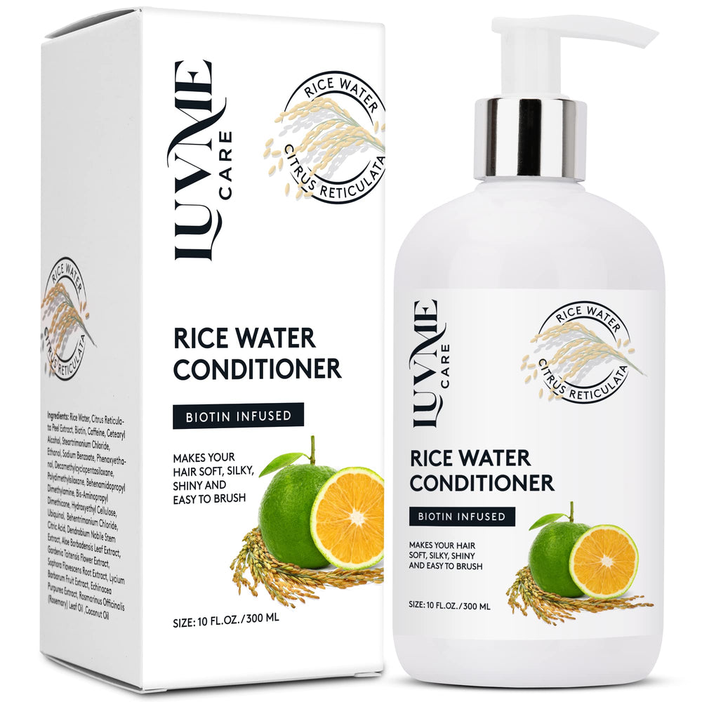 Luv Me Care rice water conditioner bottle showing thickening formula for stronger, nourished hair