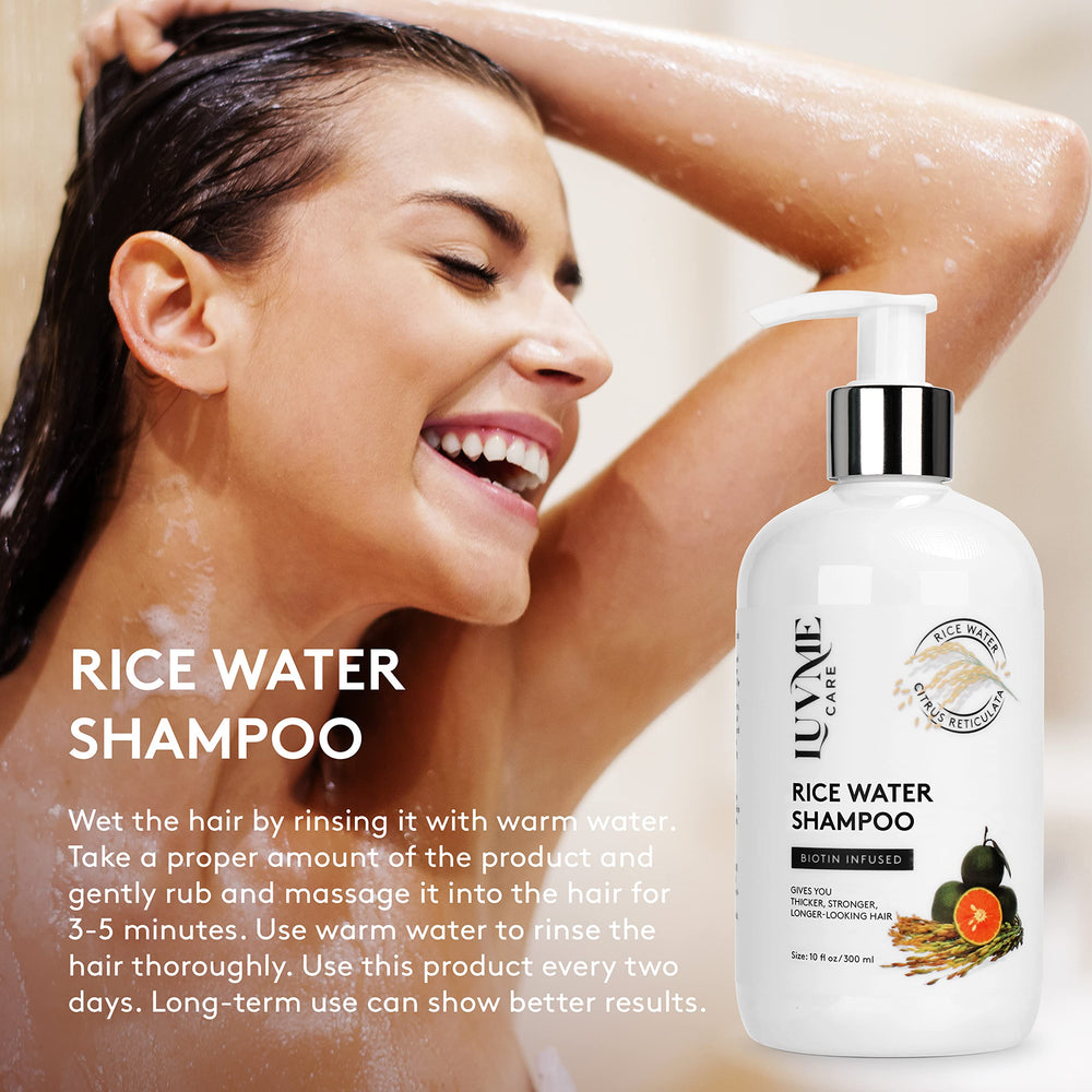 Luv Me Care Rice Water Shampoo ingredients including biotin for stronger-feeling hair.