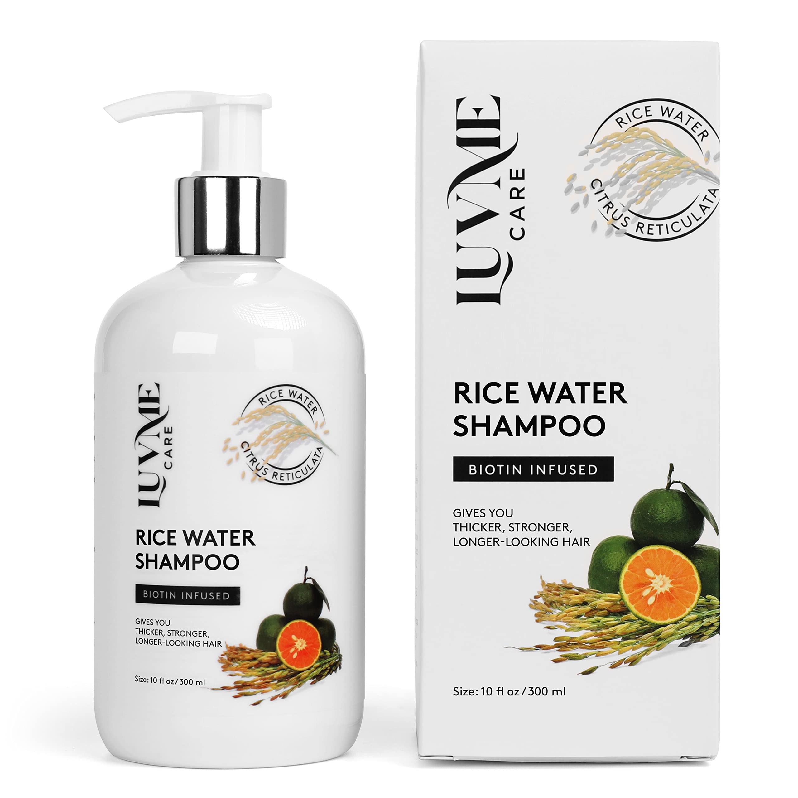 Luv Me Care Rice Water Shampoo bottle showing nourishing formula for thicker-looking hair.