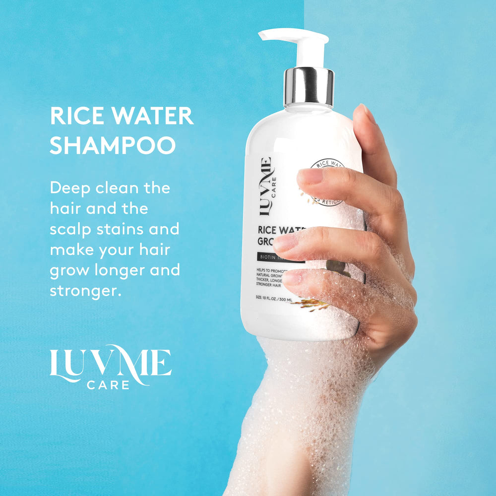 Luv Me Care Rice Water Shampoo pump dispenser ready for daily use.