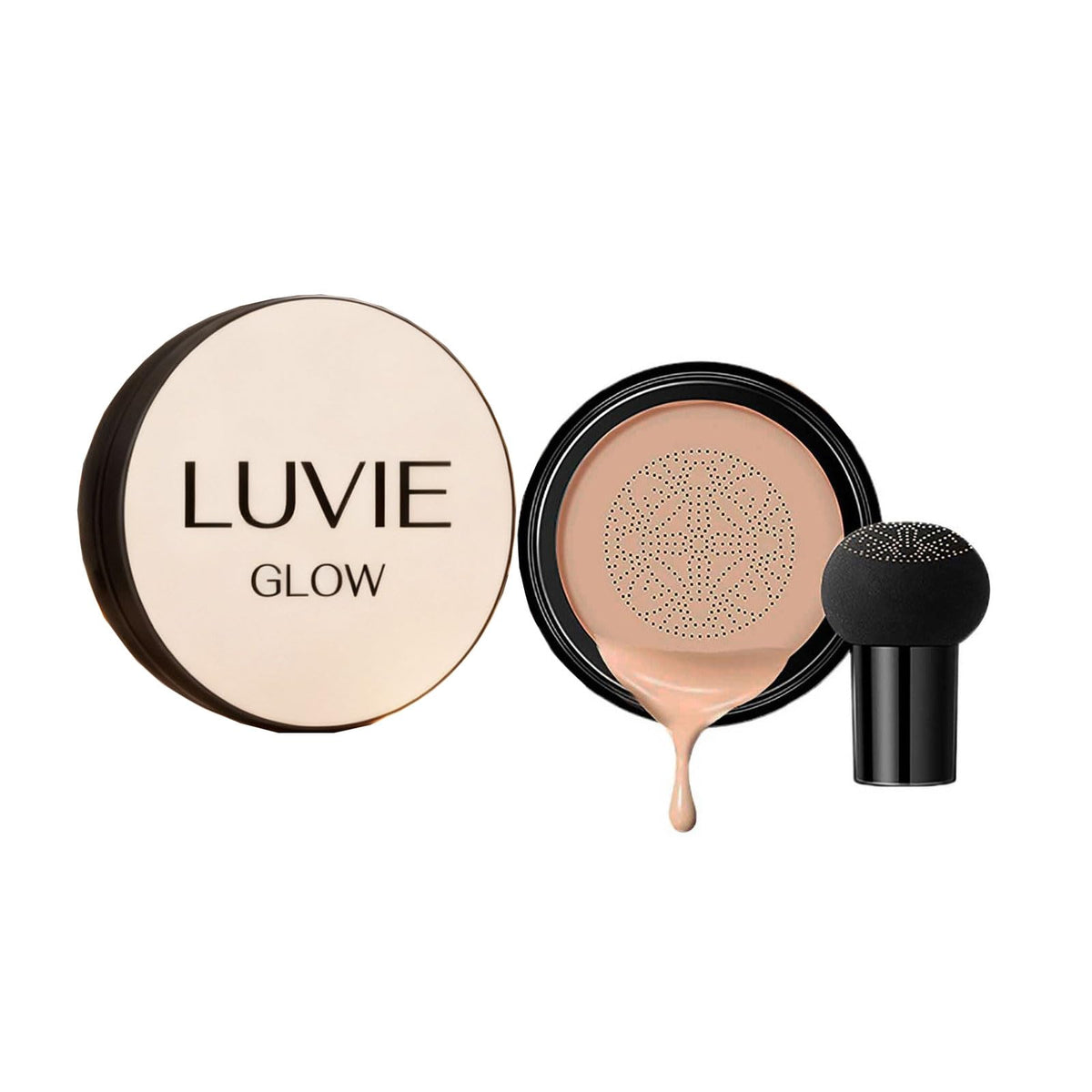 Luvie Glow Foundation Cushion packaging close-up highlights premium design and portability.