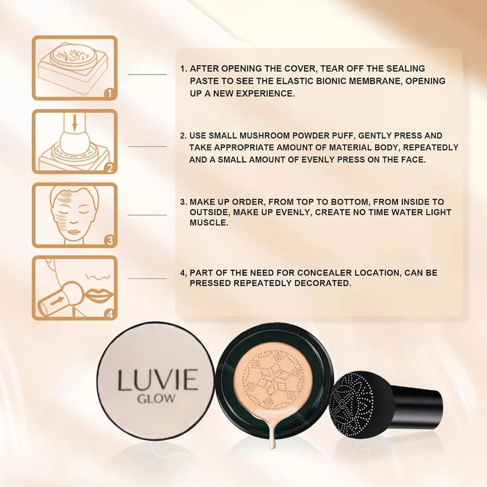 Luvie Glow Foundation Cushion application-tips promotes easy stamping and quick blending for better coverage.