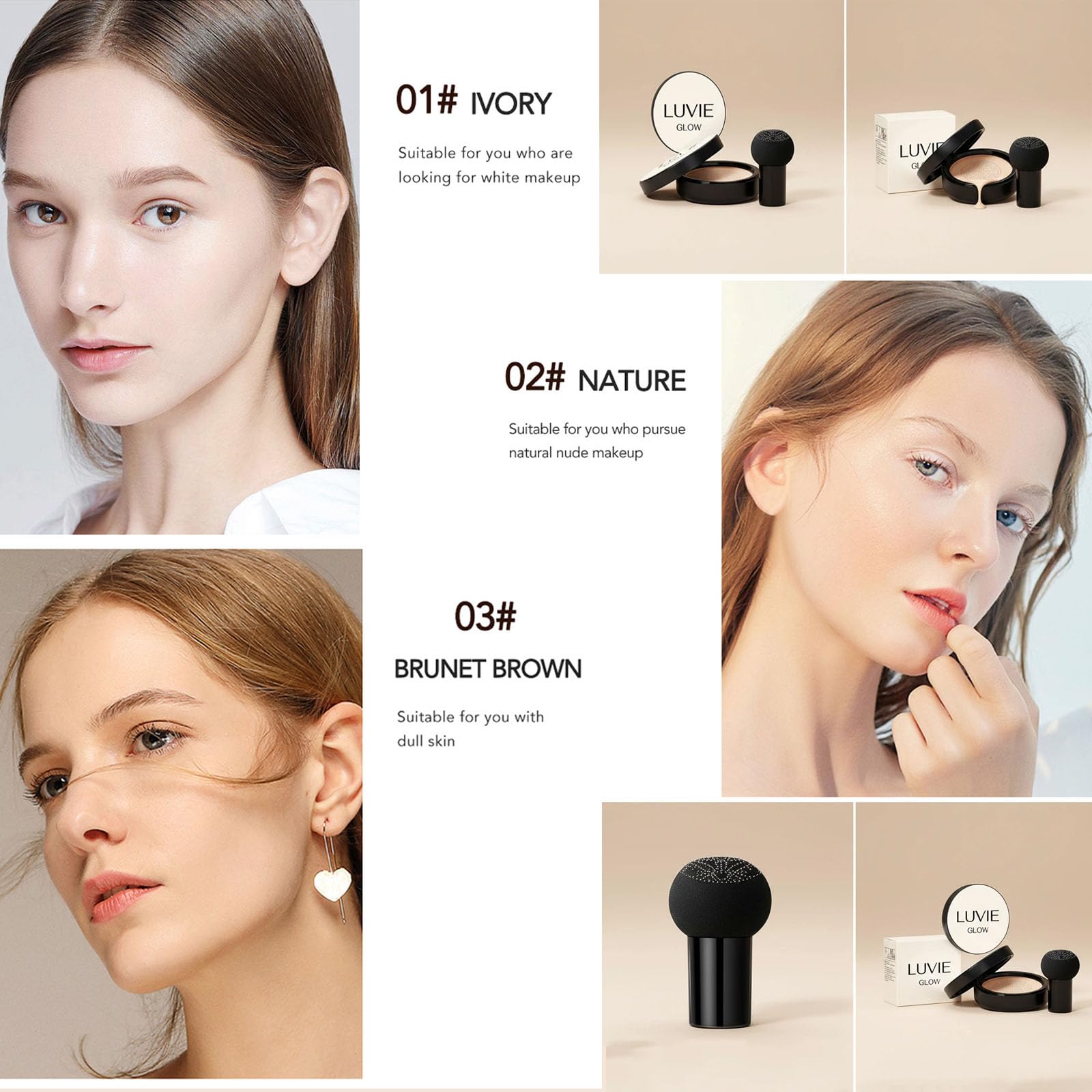 Luvie Glow BRUMET BROWN cushion demonstrating blending across cheeks for natural look.