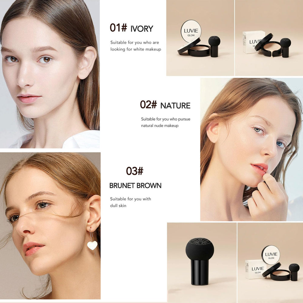 Luvie Glow BRUMET BROWN cushion demonstrating blending across cheeks for natural look.