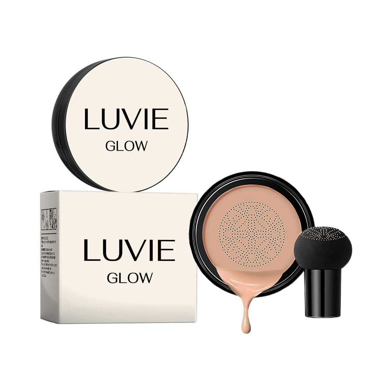 Luvie Glow Foundation Cushion Ivory bottle with mushroom applicator for a smooth, hydrating finish.
