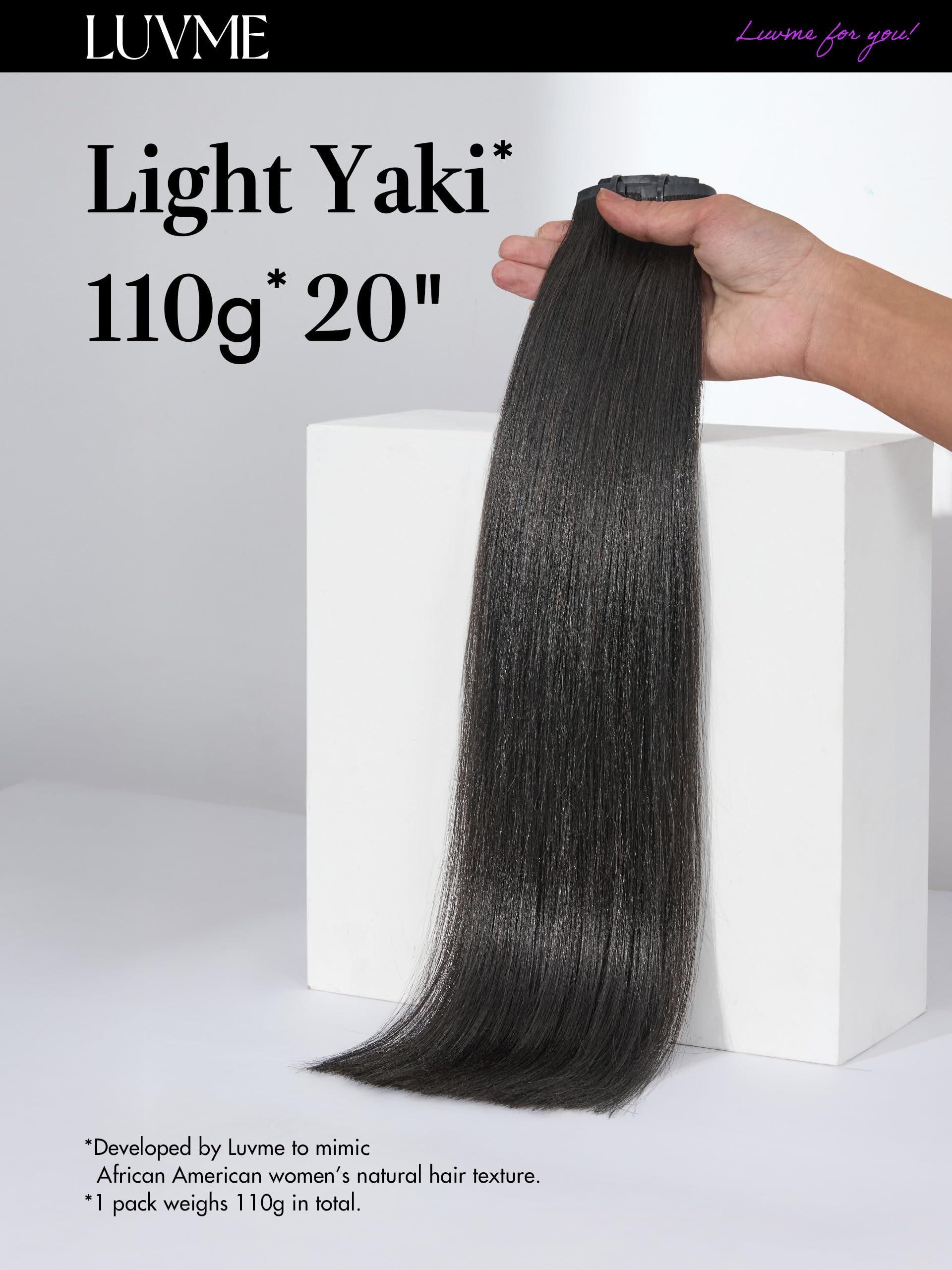 LUVME Yaki Natural Black Remy clip-ins close-up, tangle-free daily wear.