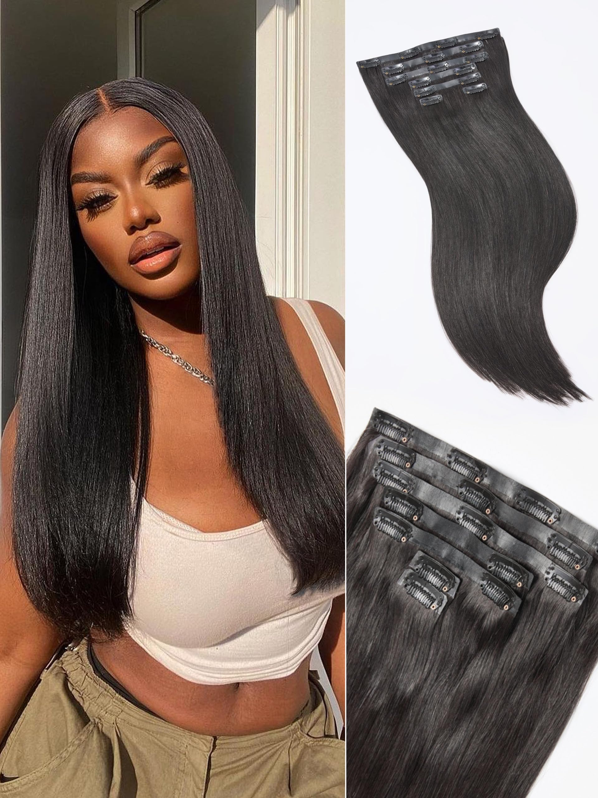 LUVME Yaki Straight clip-in extensions close-up, silky hair for a seamless blend.
