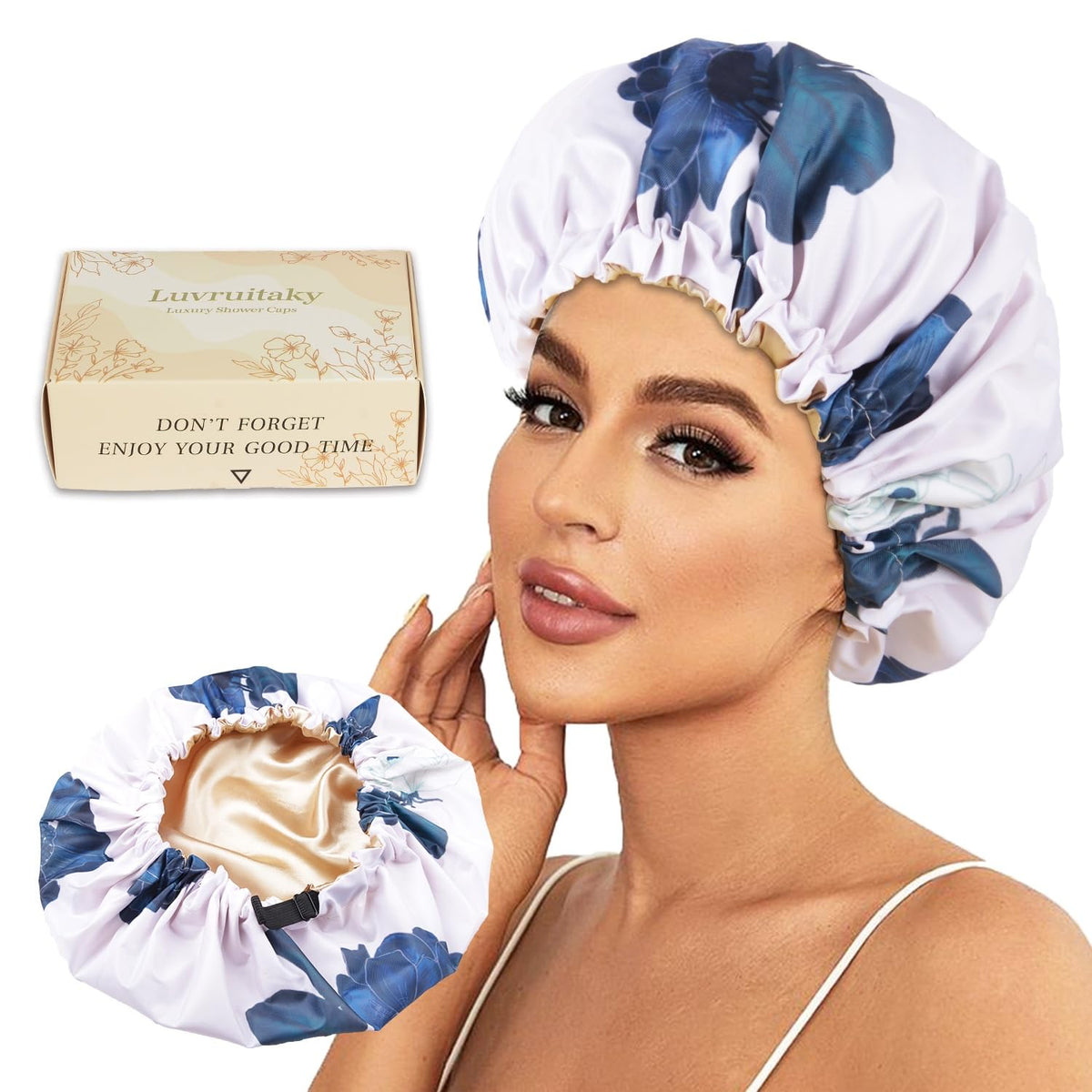 Luvruitaky large shower cap with blue flower pattern and satin lining protects hair.