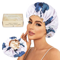 Luvruitaky large shower cap with blue flower pattern and satin lining protects hair.