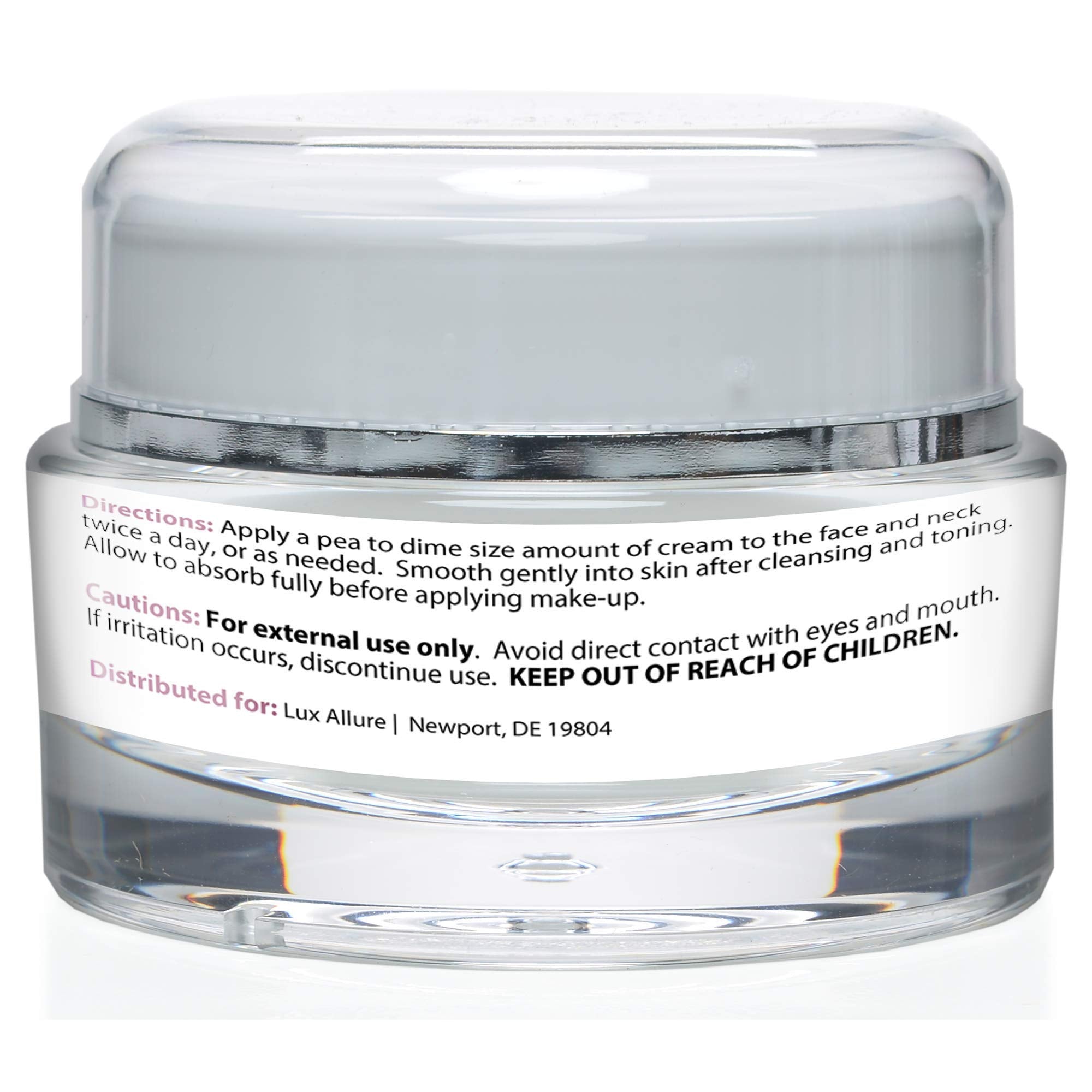 LUX Allure Ageless Moisturizer label detail emphasizing premium anti-aging ingredients