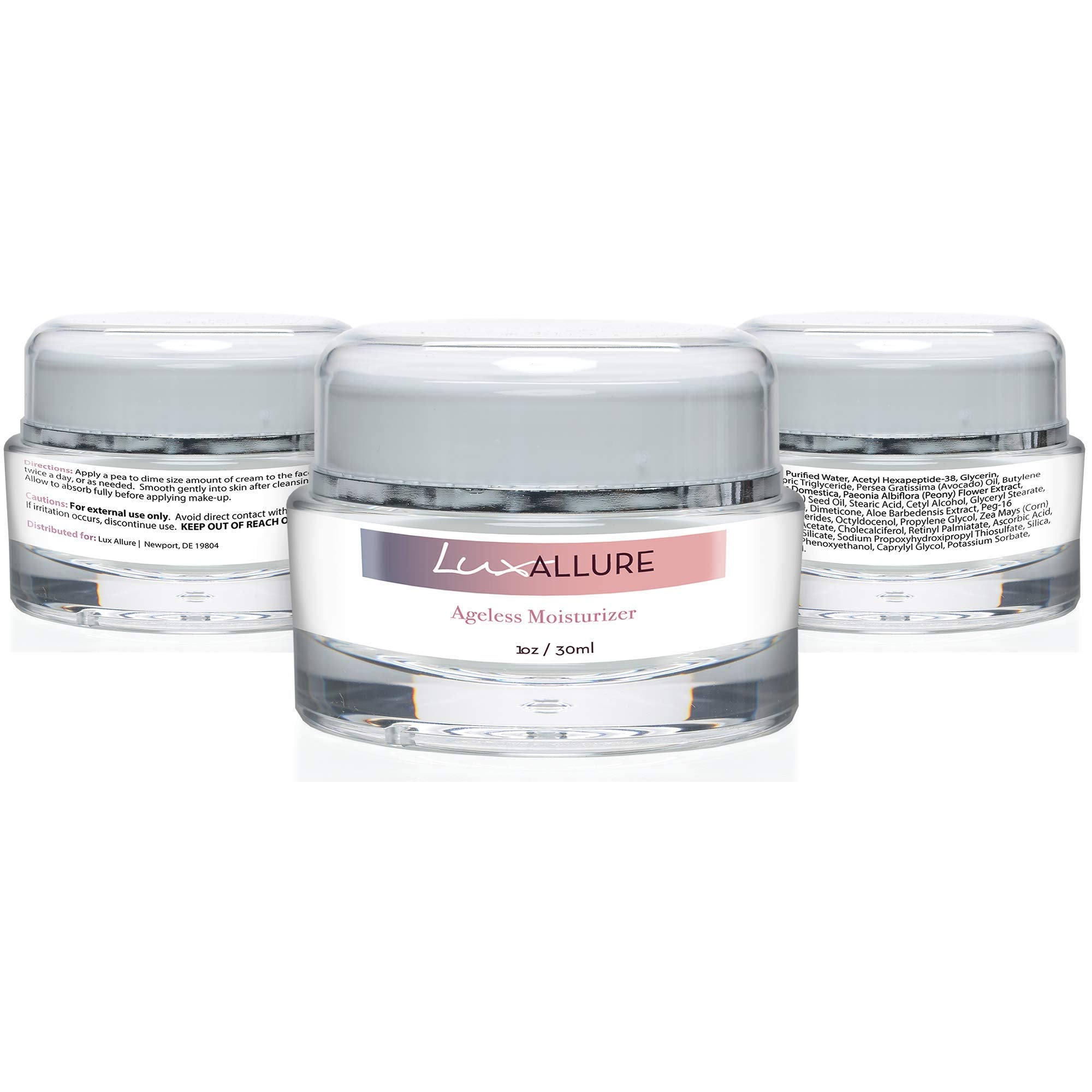 LUX Allure Ageless Moisturizer cream swatch on hand showing creamy texture
