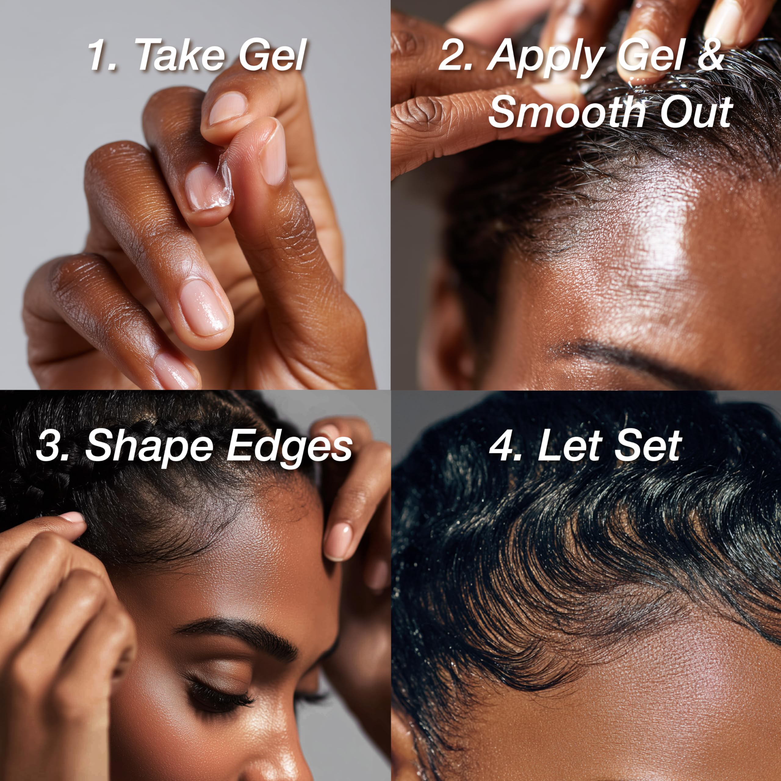 Lux Collection Edge Control Gel with bottle and scalp, suggesting conditioning effect on baby hairs.