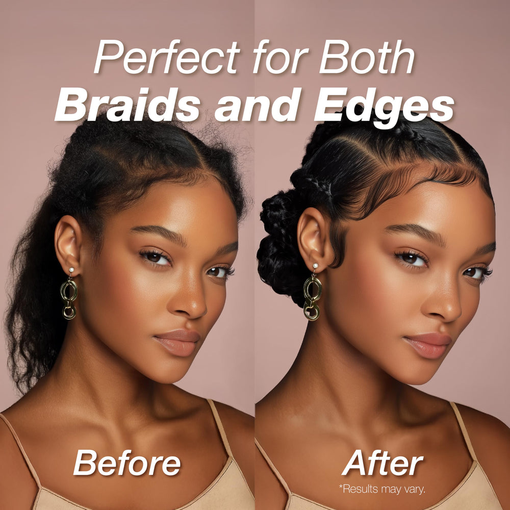 Lux Collection Edge Control Gel packaging display, showcasing cruelty-free formula and 48-hour hold.