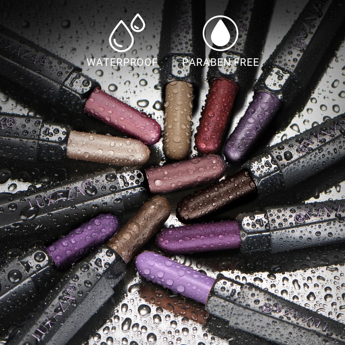 LUXAZA blending brush on cap helps smudge-proof finish with a single shade.