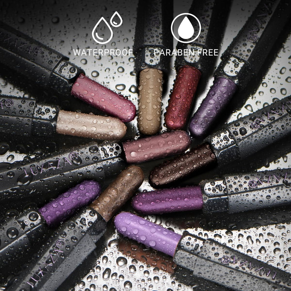LUXAZA blending brush on cap helps smudge-proof finish with a single shade.