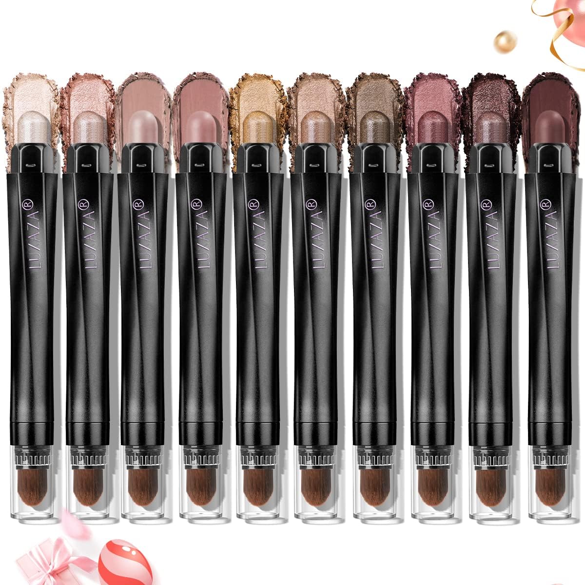 Luxaza Eyeshadow Stick set swatches reveal rich matte and shimmer browns for versatile looks.